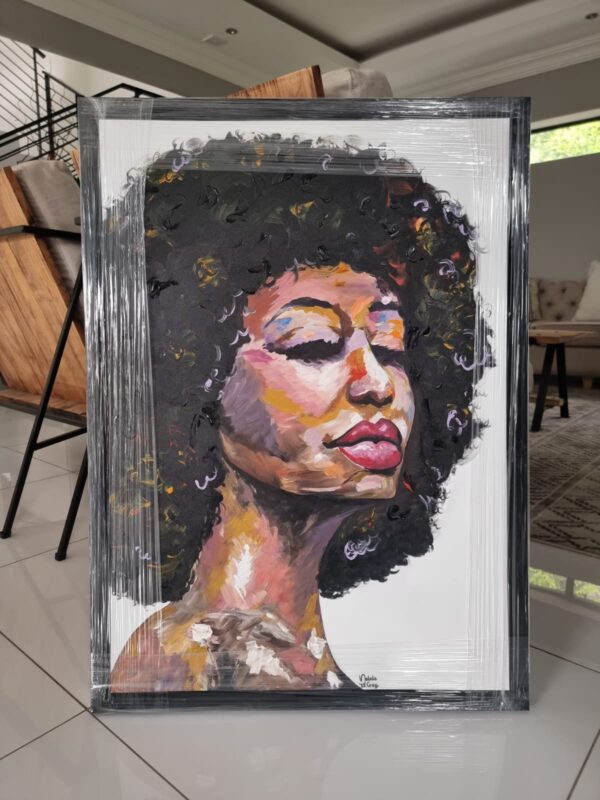 Painting of African lady with an afro by SA artist Natalie Grey