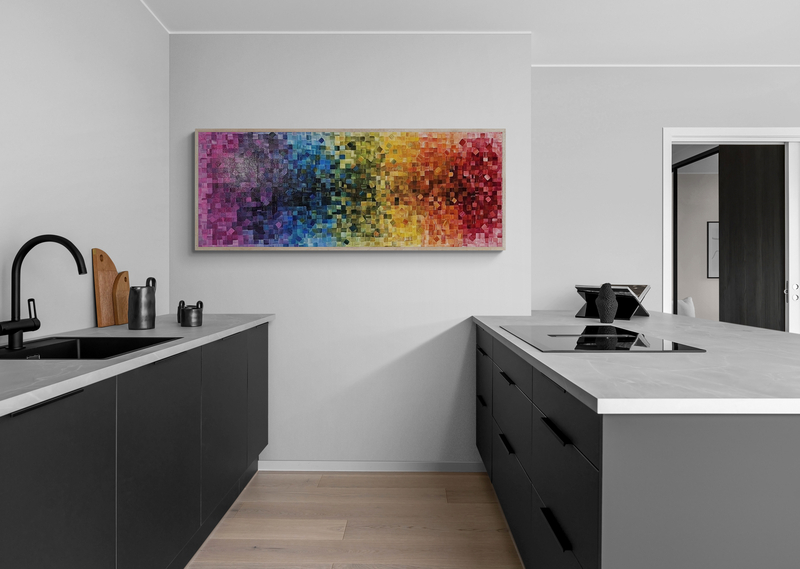 - SOLD - "Parade Of Colour" - 170 x 70cm - Acrylic On Canvas - Framed in Light Oak - - Image 7