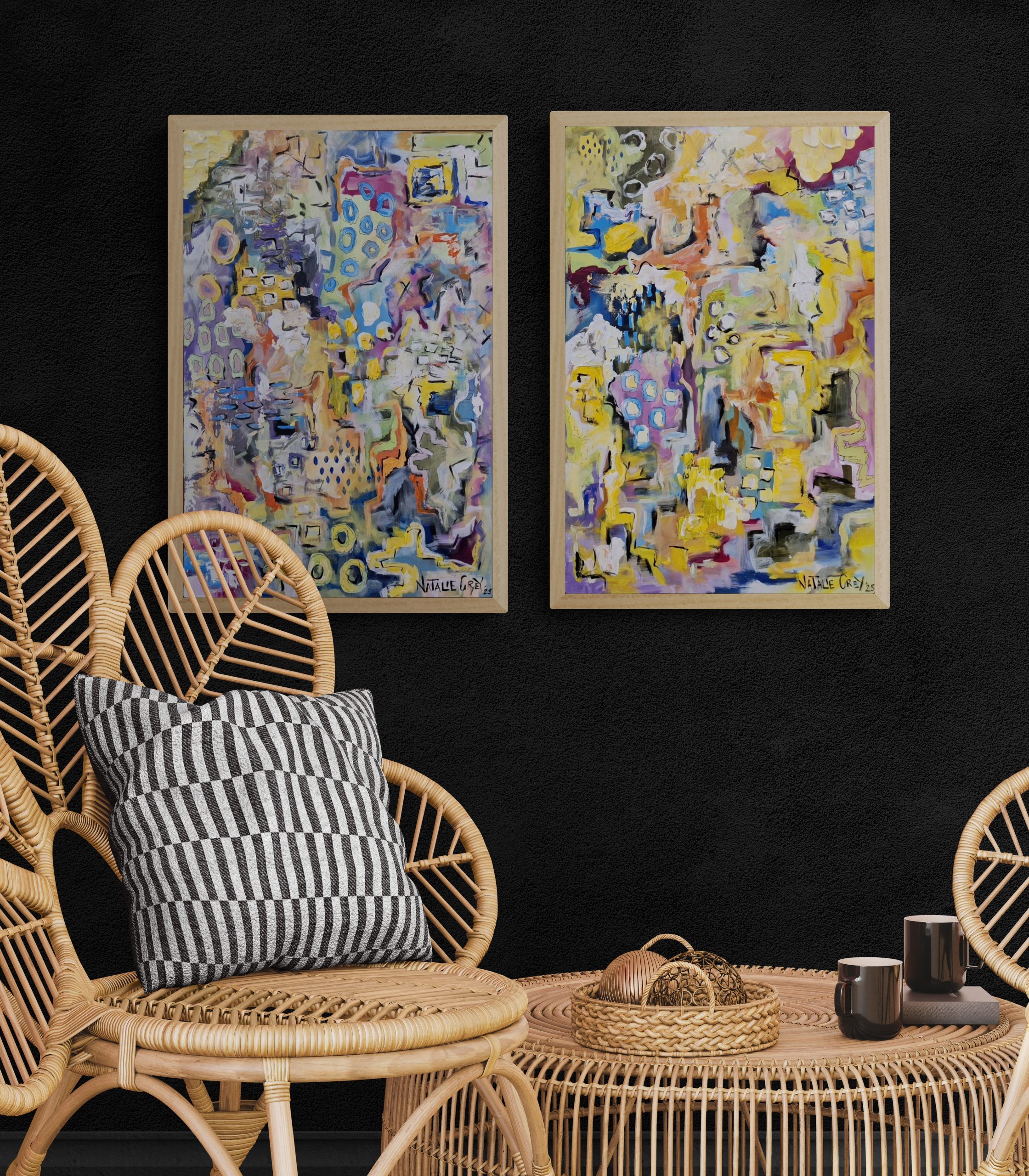 - SOLD - "Dreaming" - Set Of Two - 40 x 60cm each - Acrylic On Canvas - Framed In Natural Oak - Image 4
