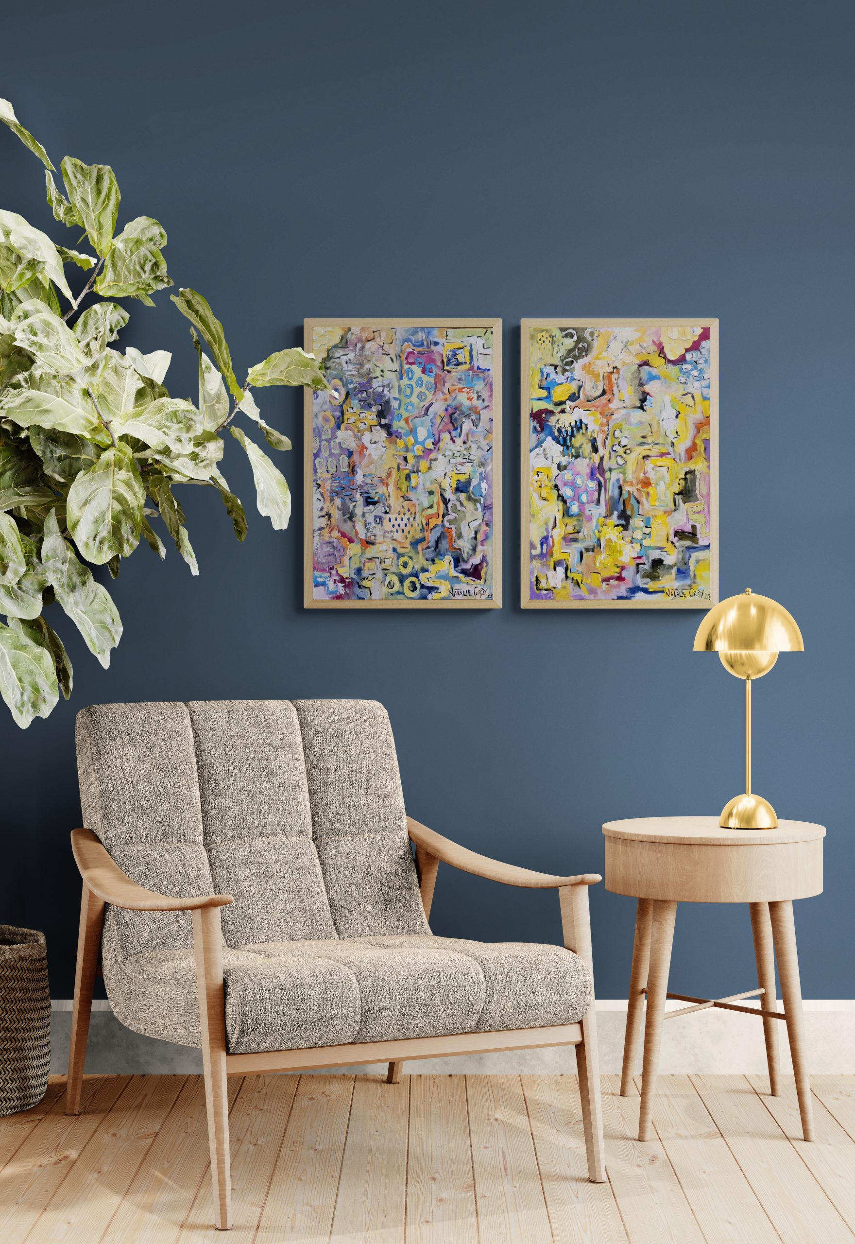 - SOLD - "Dreaming" - Set Of Two - 40 x 60cm each - Acrylic On Canvas - Framed In Natural Oak